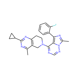 Cc1nc(C2CC2)nc2c1CN(c1ncnn3c(C)nc(-c4ccccc4F)c13)CC2 ZINC000169711671