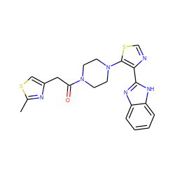 Cc1nc(CC(=O)N2CCN(c3scnc3-c3nc4ccccc4[nH]3)CC2)cs1 ZINC000143776396