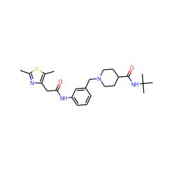 Cc1nc(CC(=O)Nc2cccc(CN3CCC(C(=O)NC(C)(C)C)CC3)c2)c(C)s1 ZINC000210638441