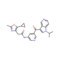 Cc1nc(CC(=O)Nc2cncc(C(=O)c3cn(C(C)C)c4ccncc34)c2)c(C2CC2)o1 ZINC001772587062