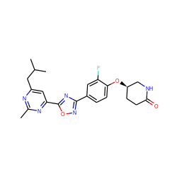 Cc1nc(CC(C)C)cc(-c2nc(-c3ccc(O[C@@H]4CCC(=O)NC4)c(F)c3)no2)n1 ZINC000653767610