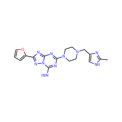 Cc1nc(CN2CCN(c3nc(N)n4nc(-c5ccco5)nc4n3)CC2)c[nH]1 ZINC000013581788