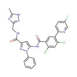 Cc1nc(CNC(=O)c2cc(NC(=O)c3cc(-c4ccc(F)cn4)c(Cl)cc3Cl)n(-c3ccccc3)n2)n[nH]1 ZINC001772634333