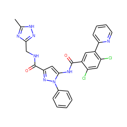 Cc1nc(CNC(=O)c2cc(NC(=O)c3cc(-c4ccccn4)c(Cl)cc3Cl)n(-c3ccccc3)n2)n[nH]1 ZINC001772605291