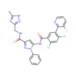 Cc1nc(CNC(=O)c2cc(NC(=O)c3cc(-c4ncccc4F)c(Cl)cc3Cl)n(-c3ccccc3)n2)n[nH]1 ZINC001772582914