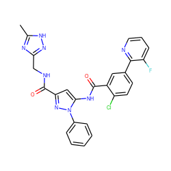 Cc1nc(CNC(=O)c2cc(NC(=O)c3cc(-c4ncccc4F)ccc3Cl)n(-c3ccccc3)n2)n[nH]1 ZINC001772644007