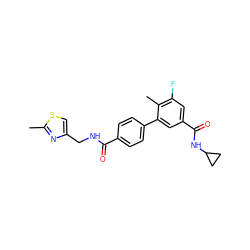 Cc1nc(CNC(=O)c2ccc(-c3cc(C(=O)NC4CC4)cc(F)c3C)cc2)cs1 ZINC000071295190