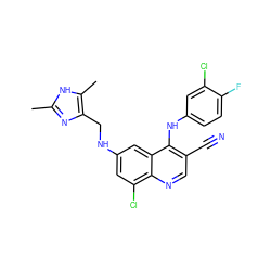 Cc1nc(CNc2cc(Cl)c3ncc(C#N)c(Nc4ccc(F)c(Cl)c4)c3c2)c(C)[nH]1 ZINC000014977465