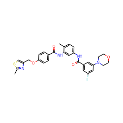 Cc1nc(COc2ccc(C(=O)Nc3cc(NC(=O)c4cc(F)cc(N5CCOCC5)c4)ccc3C)cc2)cs1 ZINC000028386778