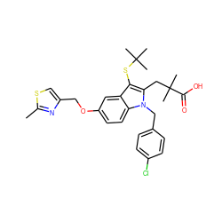 Cc1nc(COc2ccc3c(c2)c(SC(C)(C)C)c(CC(C)(C)C(=O)O)n3Cc2ccc(Cl)cc2)cs1 ZINC000001535809
