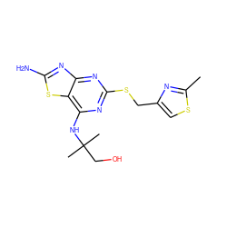 Cc1nc(CSc2nc(NC(C)(C)CO)c3sc(N)nc3n2)cs1 ZINC000001908476