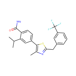 Cc1nc(Cc2cccc(C(F)(F)F)c2)sc1-c1ccc(C(N)=O)c(C(C)C)c1 ZINC001772579350