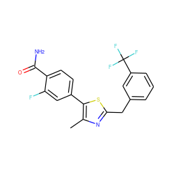 Cc1nc(Cc2cccc(C(F)(F)F)c2)sc1-c1ccc(C(N)=O)c(F)c1 ZINC001772632255