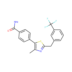 Cc1nc(Cc2cccc(C(F)(F)F)c2)sc1-c1ccc(C(N)=O)cc1 ZINC001772624183