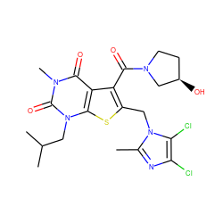 Cc1nc(Cl)c(Cl)n1Cc1sc2c(c1C(=O)N1CC[C@@H](O)C1)c(=O)n(C)c(=O)n2CC(C)C ZINC000014977724