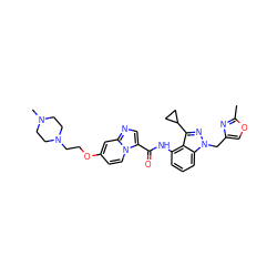 Cc1nc(Cn2nc(C3CC3)c3c(NC(=O)c4cnc5cc(OCCN6CCN(C)CC6)ccn45)cccc32)co1 ZINC000117896824