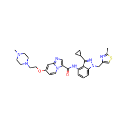 Cc1nc(Cn2nc(C3CC3)c3c(NC(=O)c4cnc5cc(OCCN6CCN(C)CC6)ccn45)cccc32)cs1 ZINC000117878535