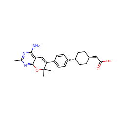 Cc1nc(N)c2c(n1)OC(C)(C)C(c1ccc([C@H]3CC[C@H](CC(=O)O)CC3)cc1)=C2 ZINC000261126897