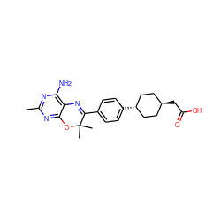 Cc1nc(N)c2c(n1)OC(C)(C)C(c1ccc([C@H]3CC[C@H](CC(=O)O)CC3)cc1)=N2 ZINC000261072235