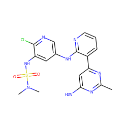 Cc1nc(N)cc(-c2cccnc2Nc2cnc(Cl)c(NS(=O)(=O)N(C)C)c2)n1 ZINC000168748314