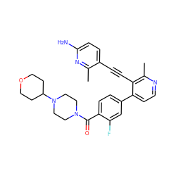 Cc1nc(N)ccc1C#Cc1c(-c2ccc(C(=O)N3CCN(C4CCOCC4)CC3)c(F)c2)ccnc1C ZINC000202385562