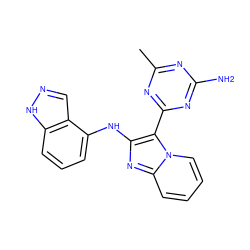 Cc1nc(N)nc(-c2c(Nc3cccc4[nH]ncc34)nc3ccccn23)n1 ZINC000168430654