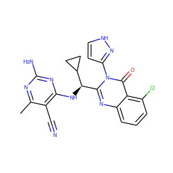 Cc1nc(N)nc(N[C@H](c2nc3cccc(Cl)c3c(=O)n2-c2cc[nH]n2)C2CC2)c1C#N ZINC001772610618