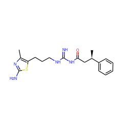 Cc1nc(N)sc1CCCNC(=N)NC(=O)C[C@@H](C)c1ccccc1 ZINC000049088351