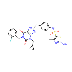 Cc1nc(N)sc1S(=O)(=O)Nc1ccc(Cc2nc3c([nH]2)c(=O)n(Cc2ccccc2F)c(=O)n3CC2CC2)cc1 ZINC000003838289