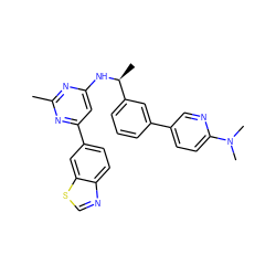 Cc1nc(N[C@@H](C)c2cccc(-c3ccc(N(C)C)nc3)c2)cc(-c2ccc3ncsc3c2)n1 ZINC000205832261