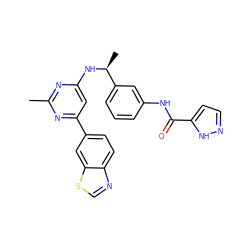 Cc1nc(N[C@@H](C)c2cccc(NC(=O)c3ccn[nH]3)c2)cc(-c2ccc3ncsc3c2)n1 ZINC000205333885