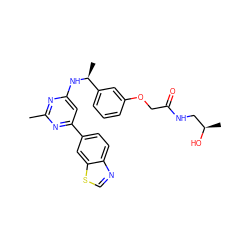 Cc1nc(N[C@@H](C)c2cccc(OCC(=O)NC[C@@H](C)O)c2)cc(-c2ccc3ncsc3c2)n1 ZINC000653671246