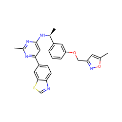 Cc1nc(N[C@@H](C)c2cccc(OCc3cc(C)on3)c2)cc(-c2ccc3ncsc3c2)n1 ZINC000653769232