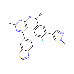 Cc1nc(N[C@H](C)c2ccc(F)c(-c3cnn(C)c3)c2)cc(-c2ccc3ncsc3c2)n1 ZINC000142414070