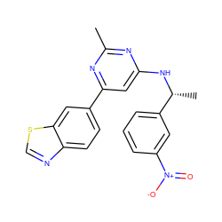 Cc1nc(N[C@H](C)c2cccc([N+](=O)[O-])c2)cc(-c2ccc3ncsc3c2)n1 ZINC000653679784