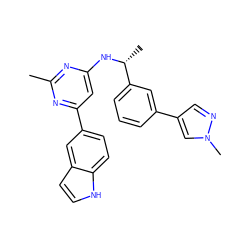 Cc1nc(N[C@H](C)c2cccc(-c3cnn(C)c3)c2)cc(-c2ccc3[nH]ccc3c2)n1 ZINC000141804090