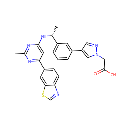 Cc1nc(N[C@H](C)c2cccc(-c3cnn(CC(=O)O)c3)c2)cc(-c2ccc3ncsc3c2)n1 ZINC000142665452