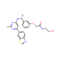 Cc1nc(N[C@H](C)c2cccc(OCC(=O)NCCO)c2)cc(-c2ccc3ncsc3c2)n1 ZINC000141824262