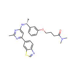 Cc1nc(N[C@H](C)c2cccc(OCCCC(=O)N(C)C)c2)cc(-c2ccc3ncsc3c2)n1 ZINC000141811030