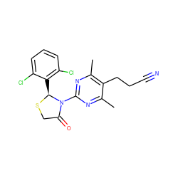 Cc1nc(N2C(=O)CS[C@H]2c2c(Cl)cccc2Cl)nc(C)c1CCC#N ZINC000040866180