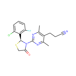 Cc1nc(N2C(=O)CS[C@H]2c2c(F)cccc2Cl)nc(C)c1CCC#N ZINC000045495882