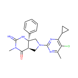 Cc1nc(N2C[C@H]3C(=O)N(C)C(=N)N[C@@]3(c3ccccc3)C2)nc(C2CC2)c1Cl ZINC000096173850