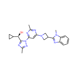 Cc1nc(N2CC(c3nc4ccccc4n3C)C2)cc(-n2nc(C)nc2[C@H](O)C2CC2)n1 ZINC000207196780