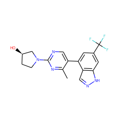 Cc1nc(N2CC[C@@H](O)C2)ncc1-c1cc(C(F)(F)F)cc2[nH]ncc12 ZINC000222300110