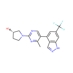 Cc1nc(N2CC[C@H](O)C2)ncc1-c1cc(C(F)(F)F)cc2[nH]ncc12 ZINC000222300050