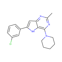 Cc1nc(N2CCCCC2)c2[nH]c(-c3cccc(Cl)c3)cc2n1 ZINC000013834952