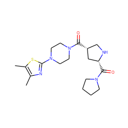 Cc1nc(N2CCN(C(=O)[C@@H]3CN[C@H](C(=O)N4CCCC4)C3)CC2)sc1C ZINC000029130672