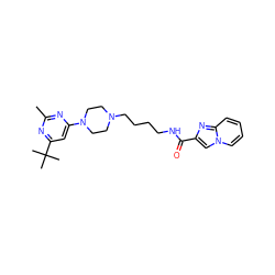 Cc1nc(N2CCN(CCCCNC(=O)c3cn4ccccc4n3)CC2)cc(C(C)(C)C)n1 ZINC000299829861