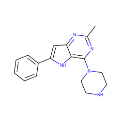 Cc1nc(N2CCNCC2)c2[nH]c(-c3ccccc3)cc2n1 ZINC000013834995