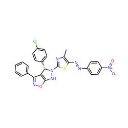 Cc1nc(N2Nc3onc(-c4ccccc4)c3[C@@H]2c2ccc(Cl)cc2)sc1/N=N/c1ccc([N+](=O)[O-])cc1 ZINC000473120543